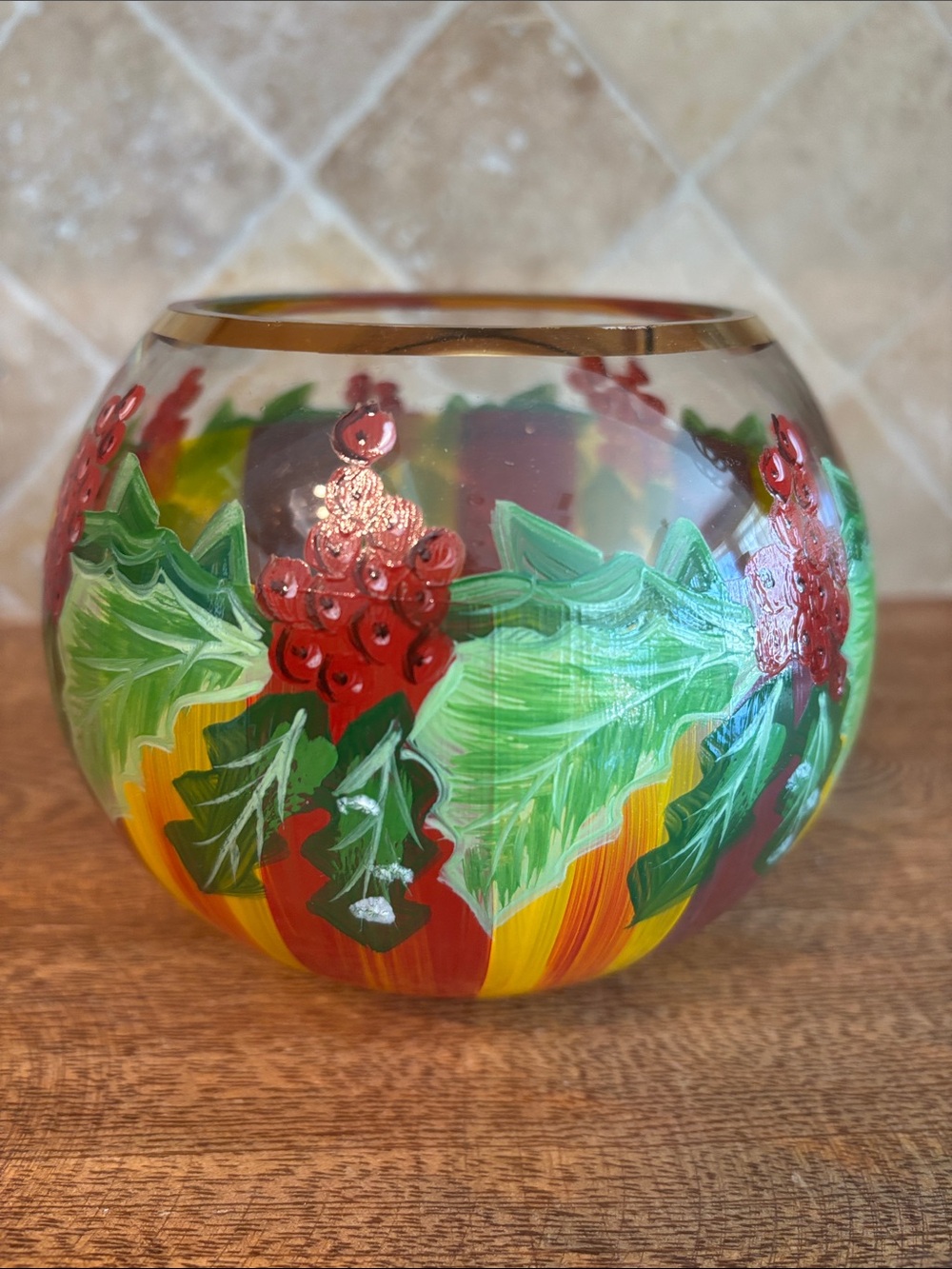 MacKenzie-Childs Hand-Painted Holly & Berry Glass Globe Vase/Votive Holder